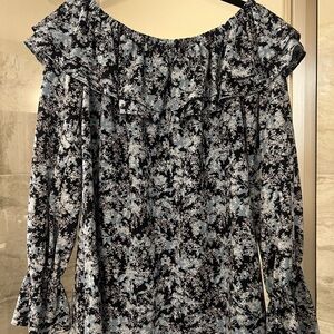 MICHAEL Michael Kors Black and Light Blue Floral Off-Shoulder Ruffle Blouse